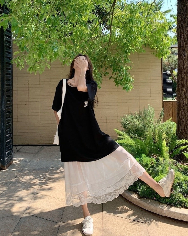 Lace Skirt And Short Sleeve Tee Set