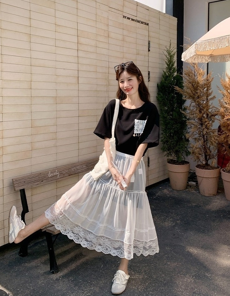 Lace Skirt And Short Sleeve Tee Set