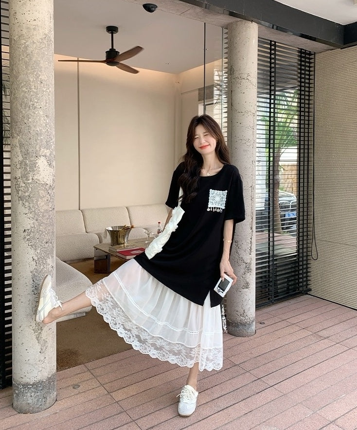 Lace Skirt And Short Sleeve Tee Set
