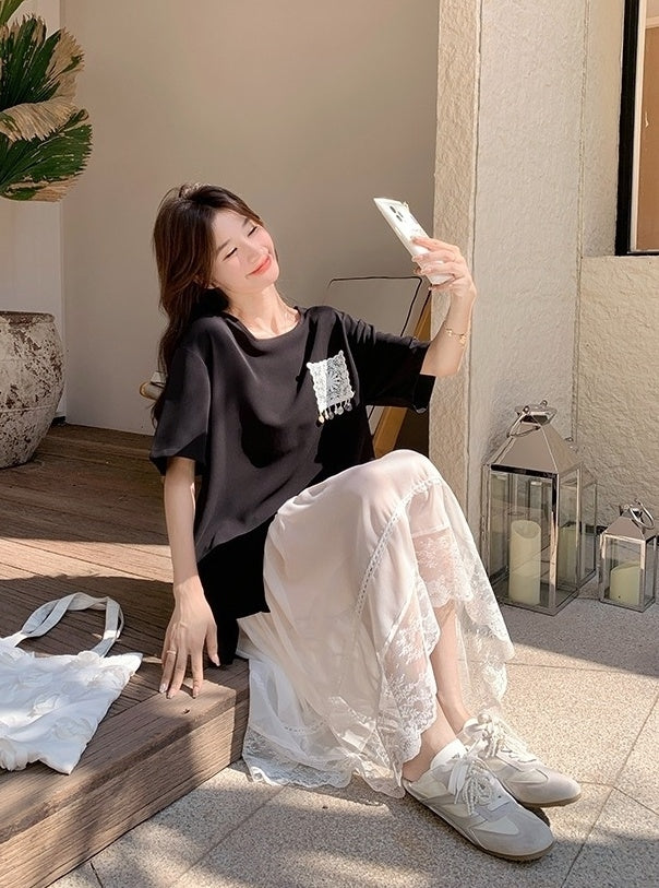 Lace Skirt And Short Sleeve Tee Set