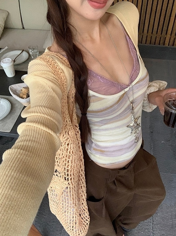 Lace Striped Purple Sleeveless Tank Top