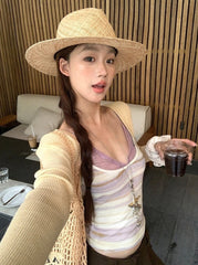 Lace Striped Purple Sleeveless Tank Top