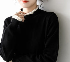 Lace Trim Black Turtleneck Sweater