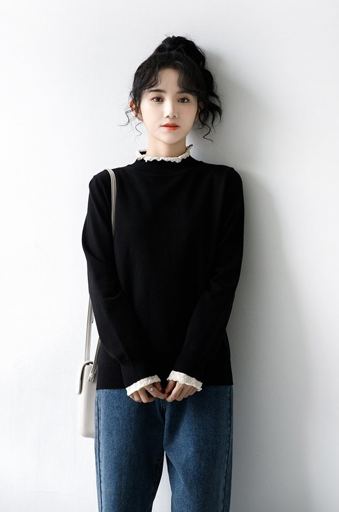 Lace Trim Black Turtleneck Sweater