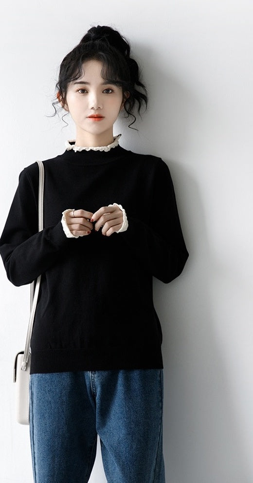 Lace Trim Black Turtleneck Sweater