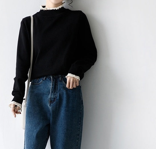 Lace Trim Black Turtleneck Sweater