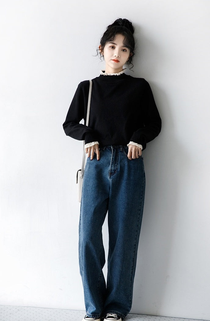 Lace Trim Black Turtleneck Sweater