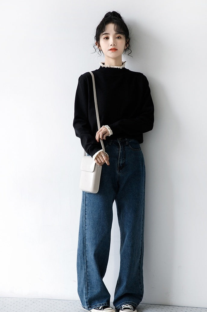 Lace Trim Black Turtleneck Sweater