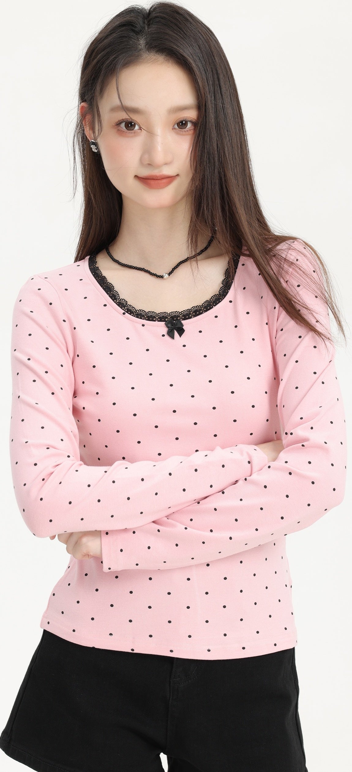 Pink Lace Trim Polka Dot Long Sleeve Tee