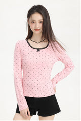 Pink Lace Trim Polka Dot Long Sleeve Tee