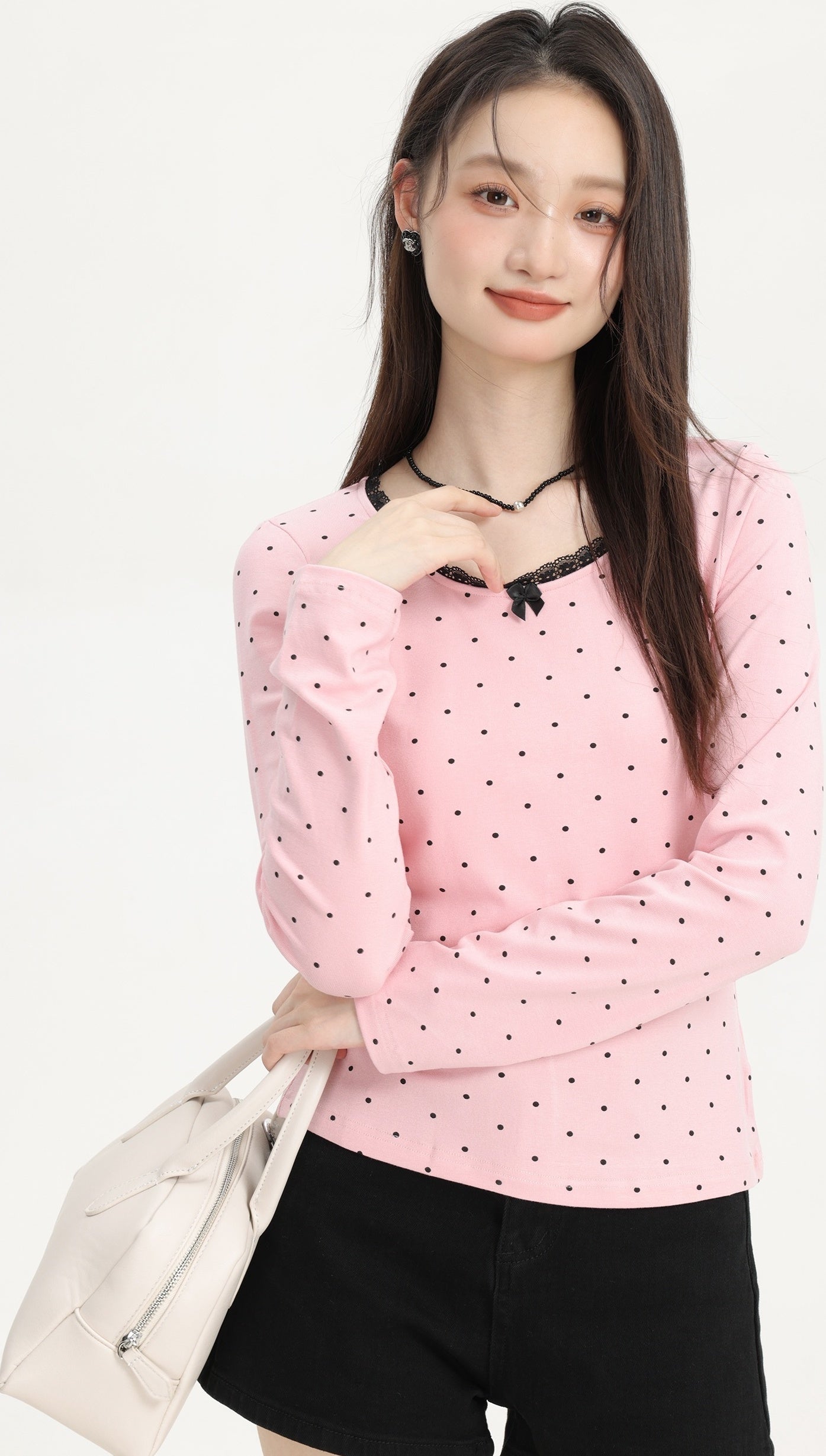 Pink Lace Trim Polka Dot Long Sleeve Tee