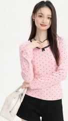 Pink Lace Trim Polka Dot Long Sleeve Tee