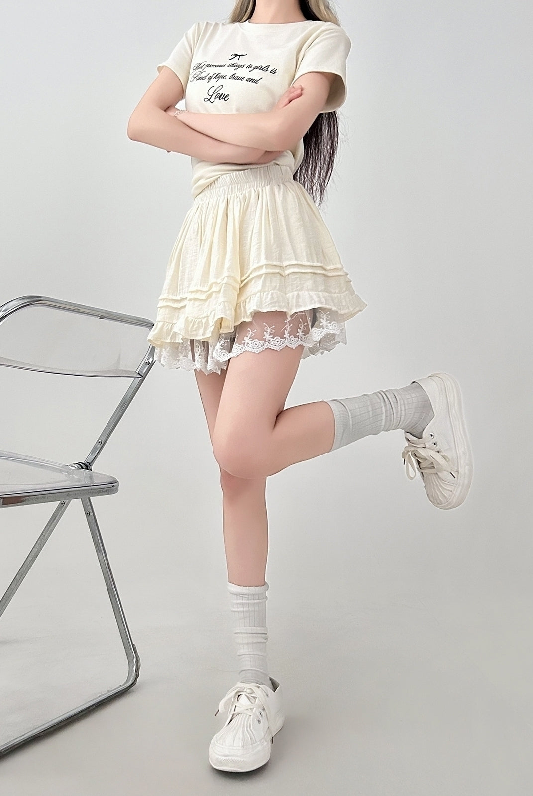 Lace Trim Ruffled A Line Skirt