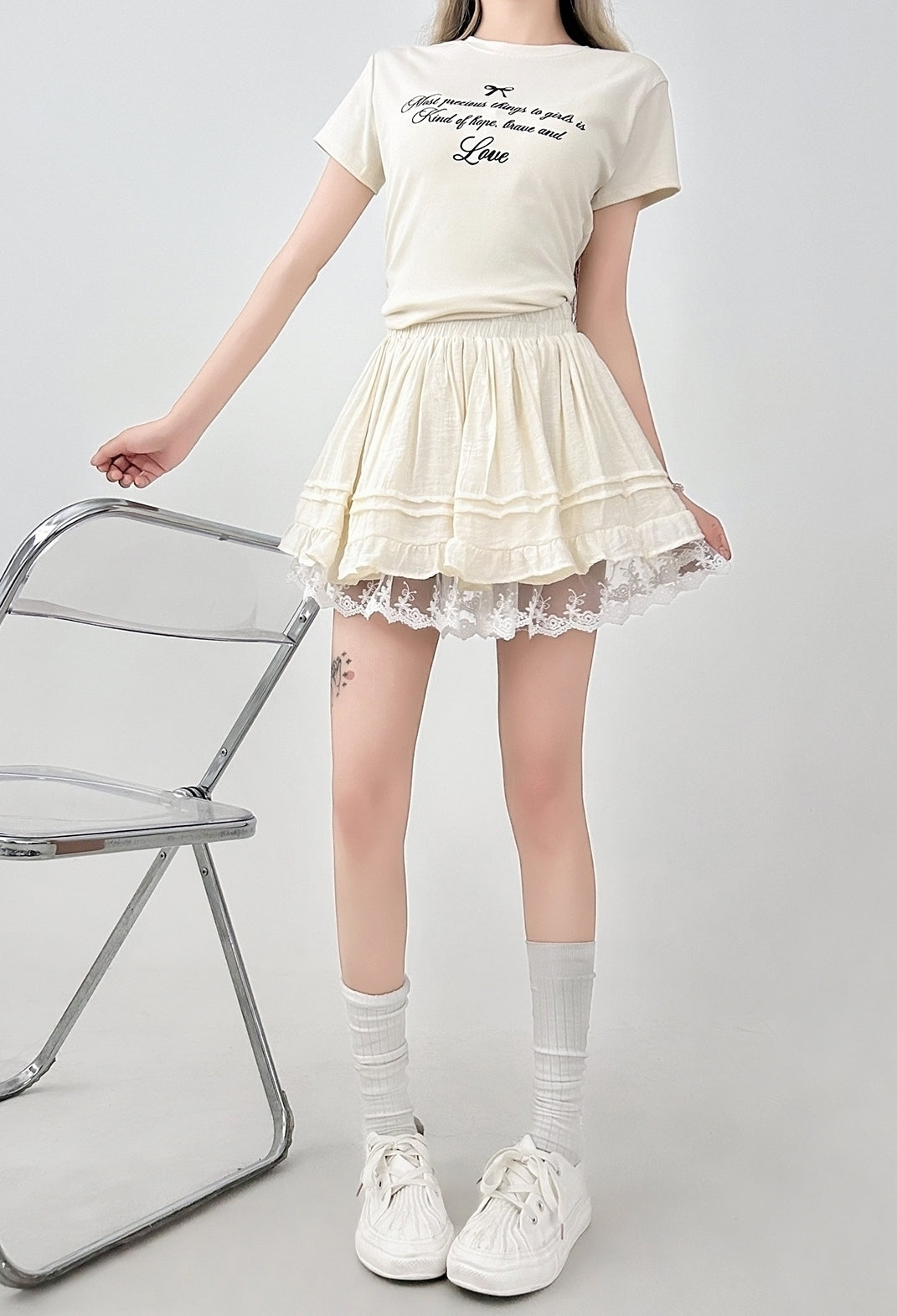 Lace Trim Ruffled A Line Skirt