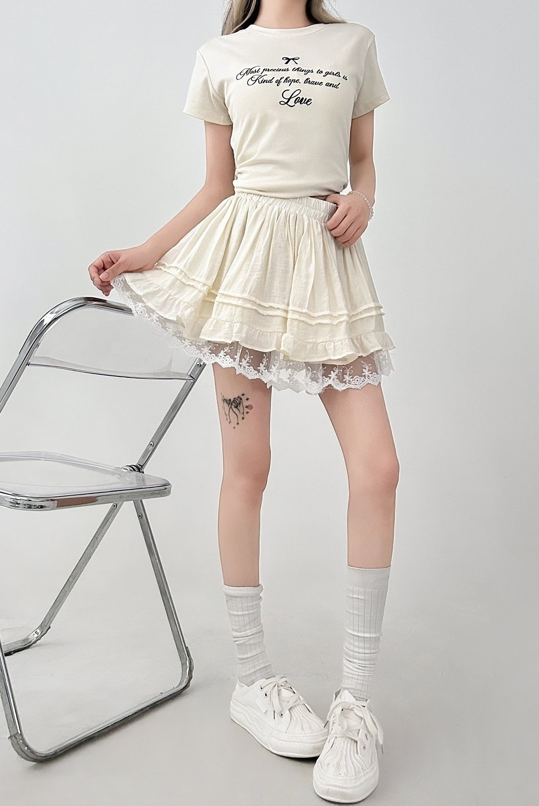 Lace Trim Ruffled A Line Skirt