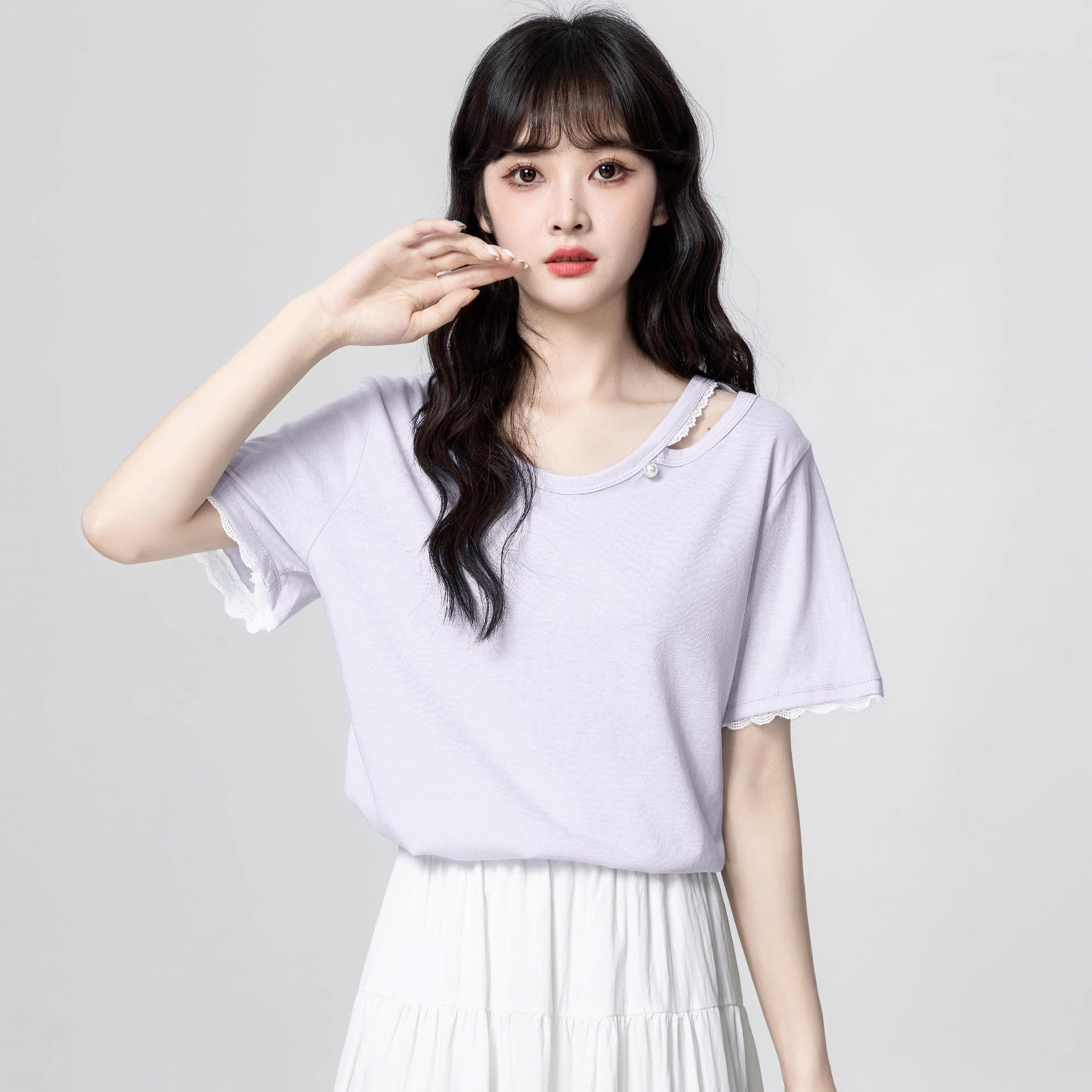 Lace Trim Short Sleeve Summer Loose Top