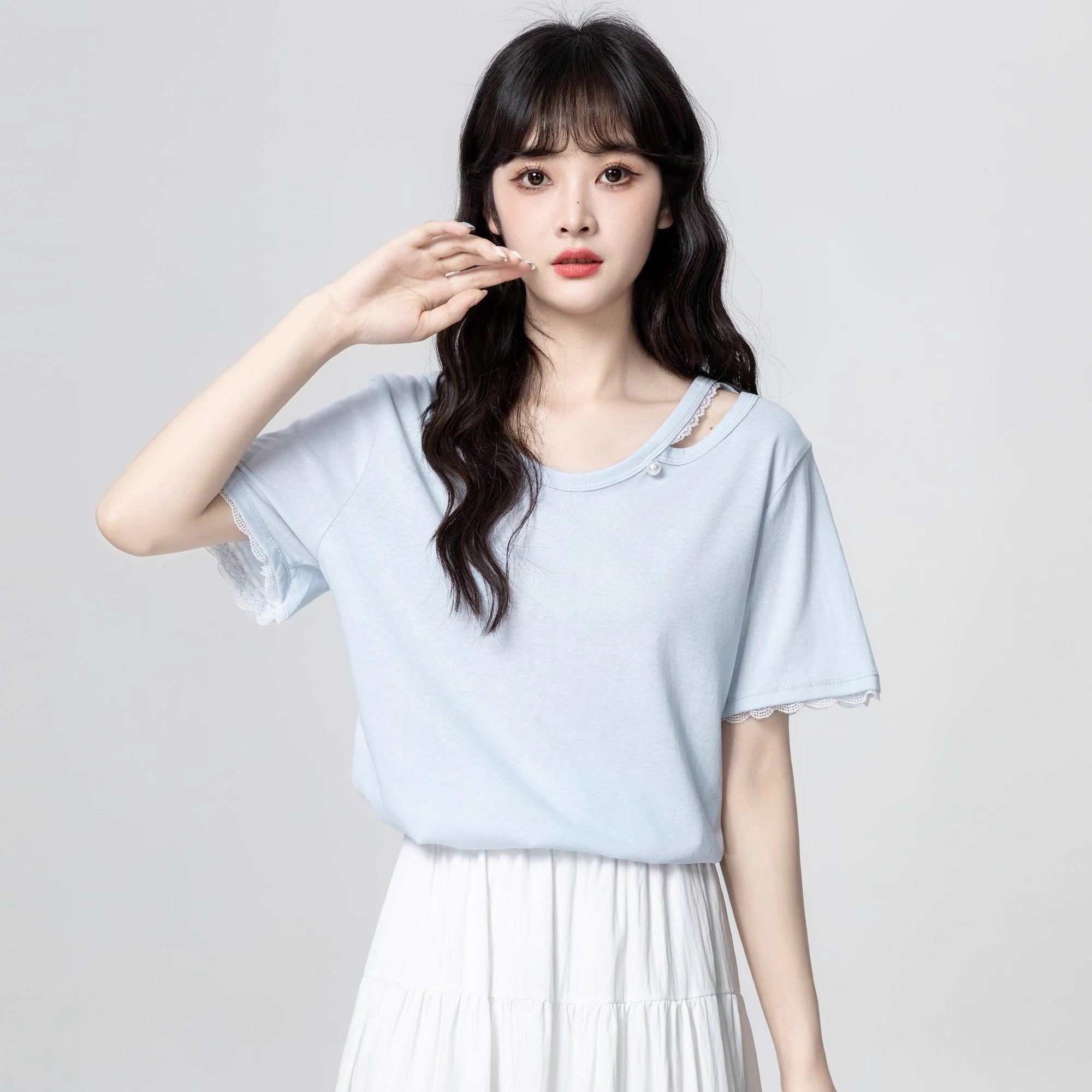 Lace Trim Short Sleeve Summer Loose Top