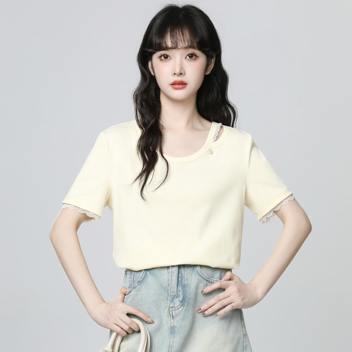 Lace Trim Short Sleeve Summer Loose Top