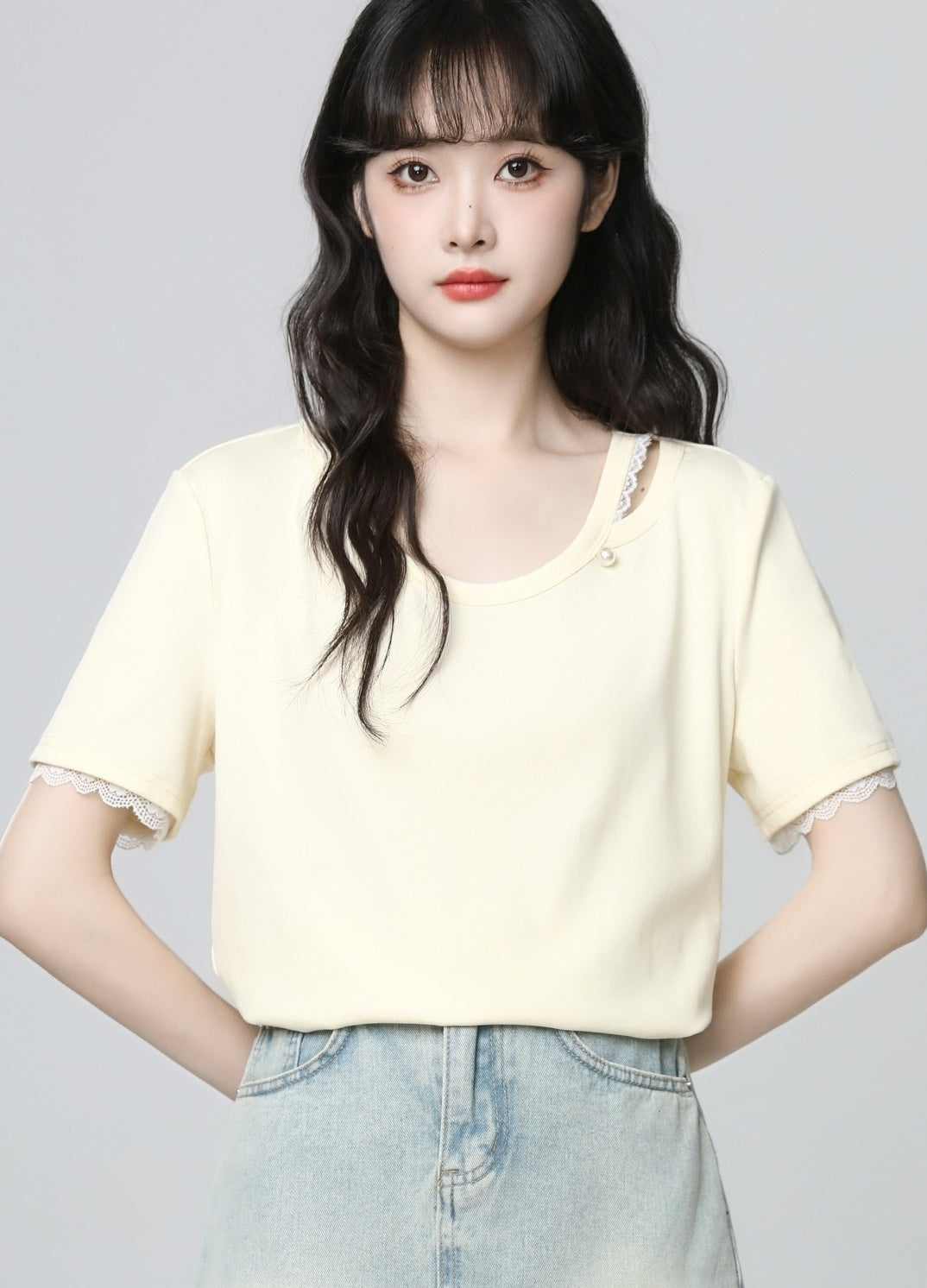 Lace Trim Short Sleeve Summer Loose Top