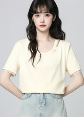Lace Trim Short Sleeve Summer Loose Top