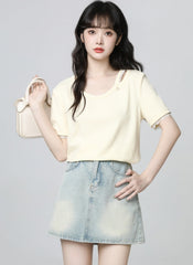 Lace Trim Short Sleeve Summer Loose Top