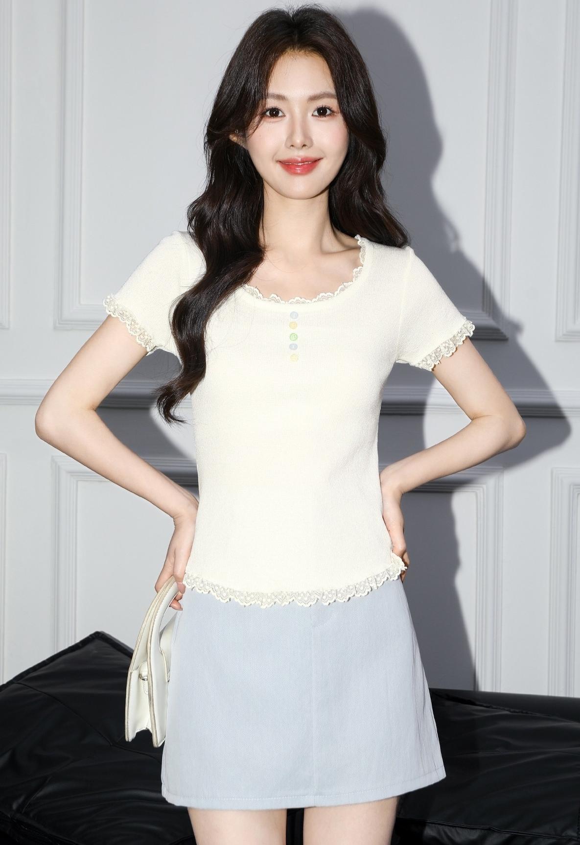 Lace Trim Short Sleeve Summer Top