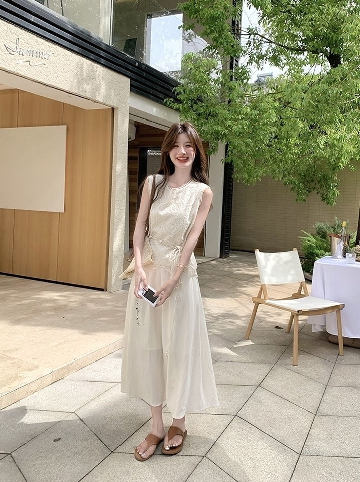 Lace Trim Sleeveless Dress And Vest Set