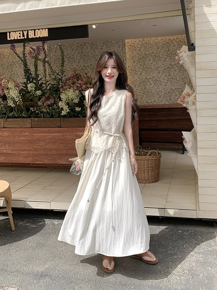 Lace Trim Sleeveless Dress And Vest Set
