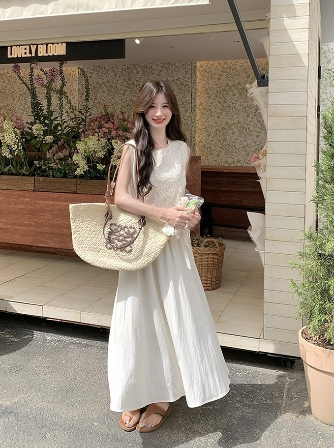 Lace Trim Sleeveless Dress And Vest Set
