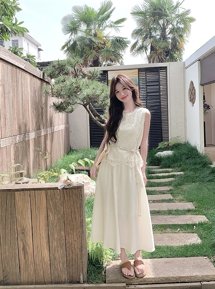 Lace Trim Sleeveless Dress And Vest Set