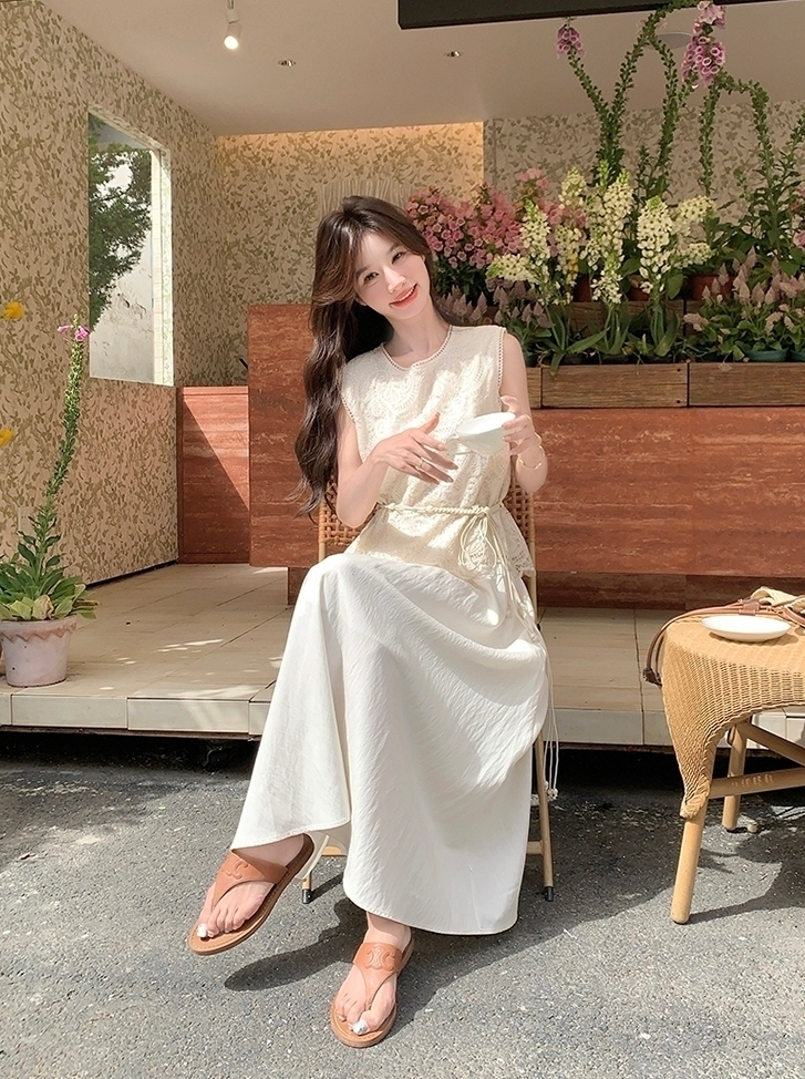 Lace Trim Sleeveless Dress And Vest Set