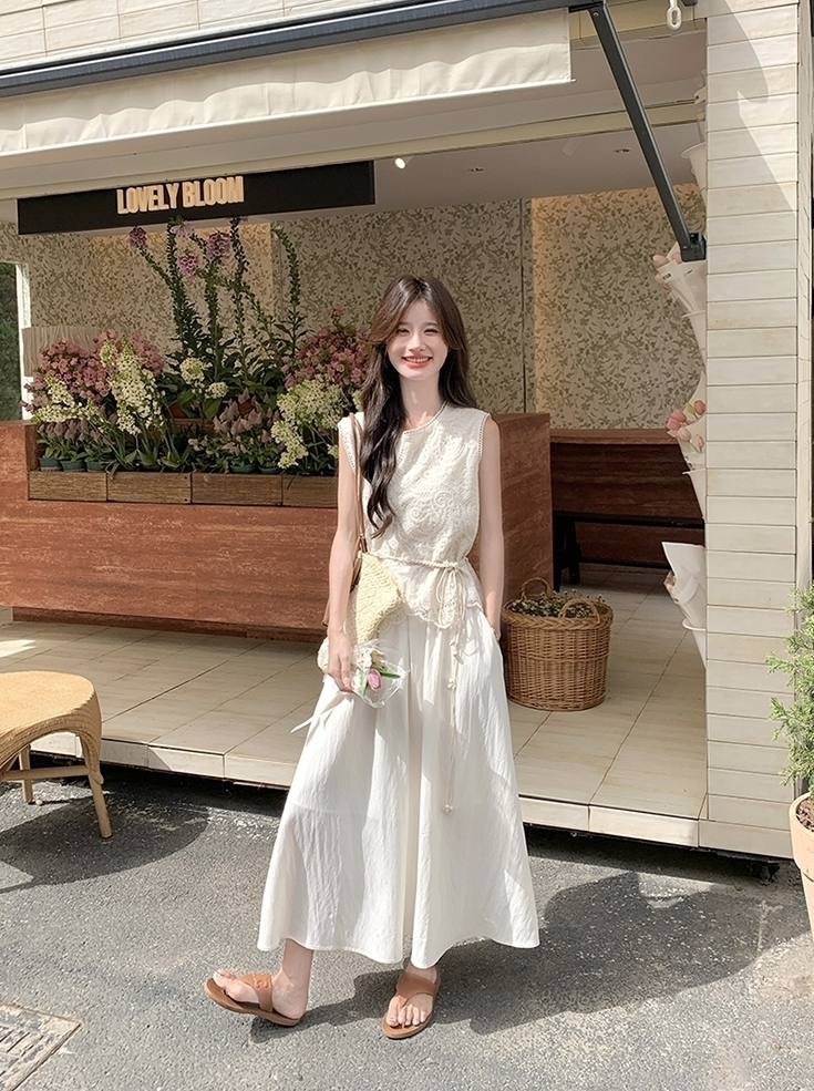 Lace Trim Sleeveless Dress And Vest Set