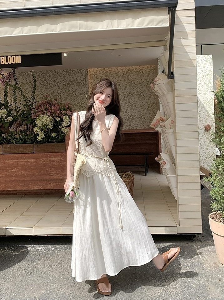 Lace Trim Sleeveless Dress And Vest Set