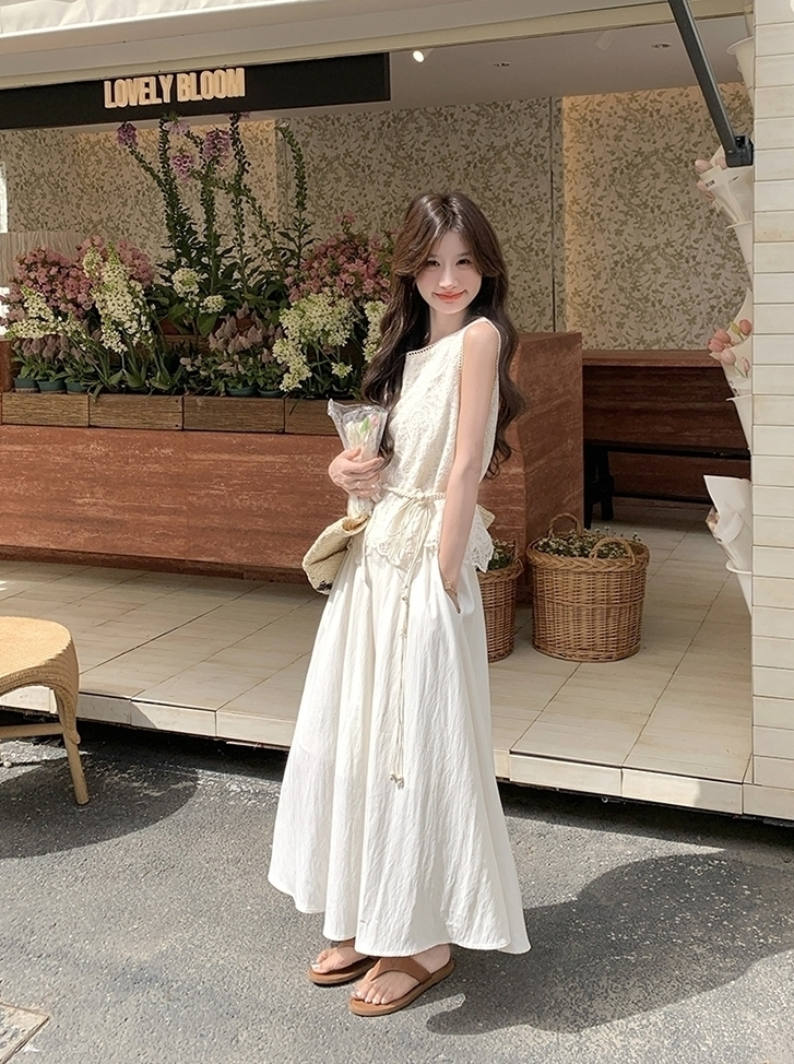 Lace Trim Sleeveless Dress And Vest Set