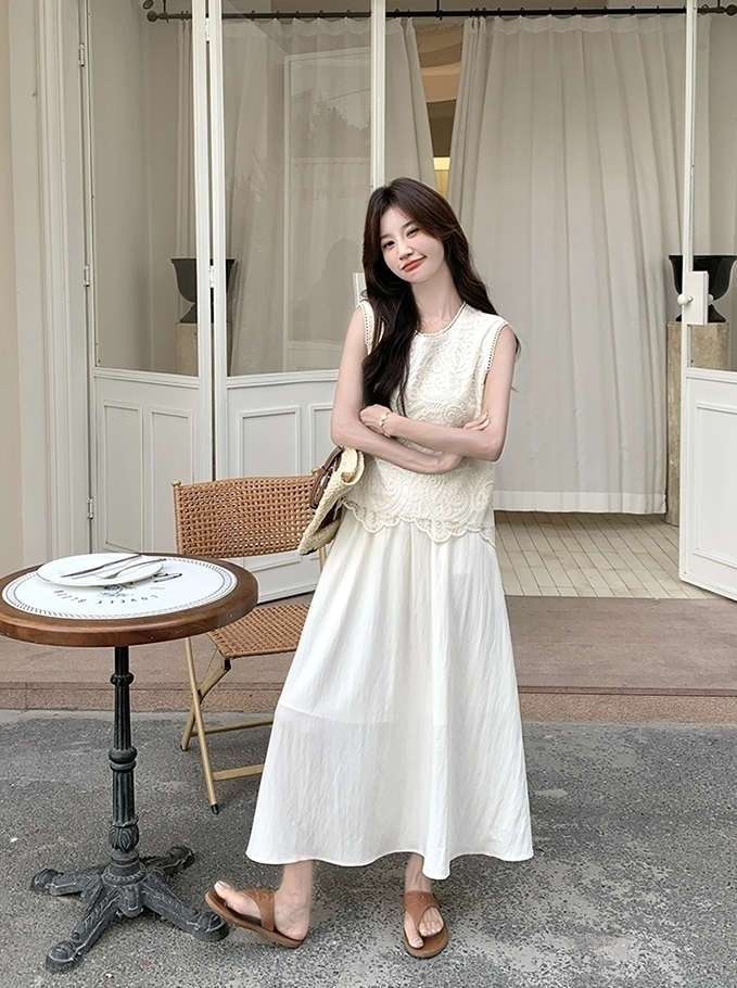Lace Trim Sleeveless Dress And Vest Set