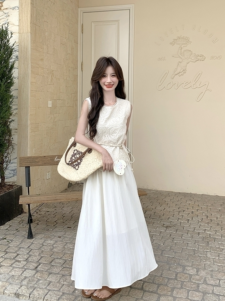 Lace Trim Sleeveless Dress And Vest Set