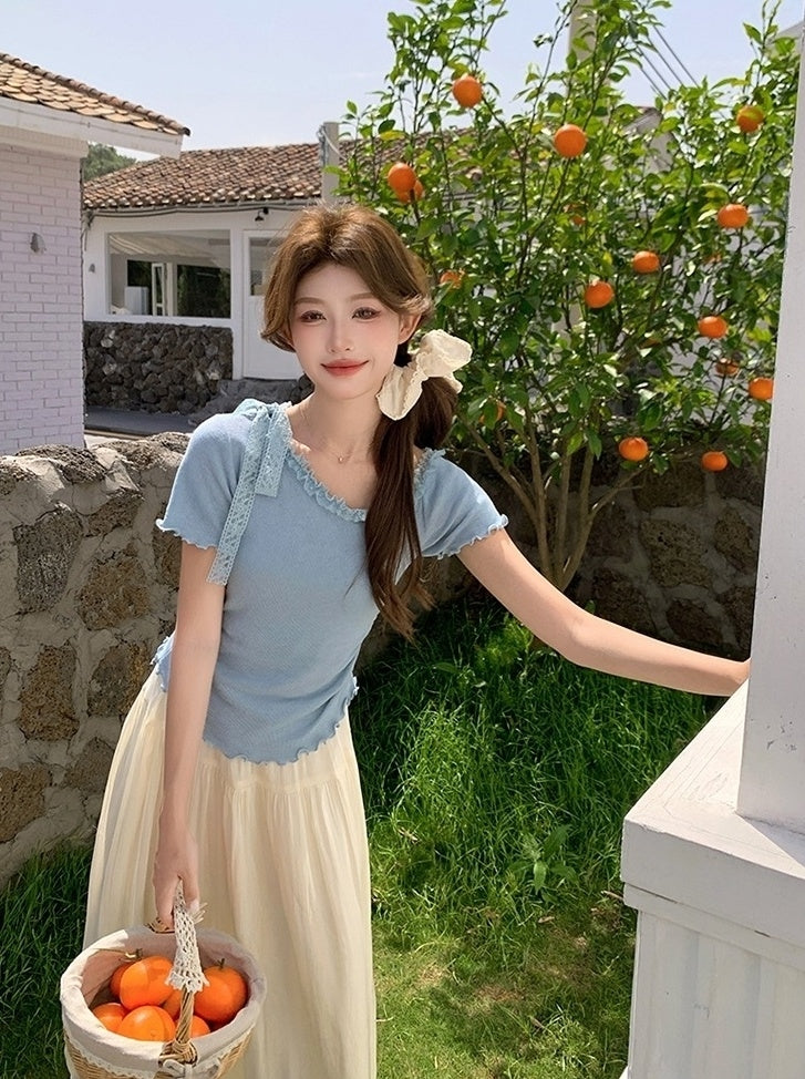 Lace Trim Tie Front Top And Skirt Set