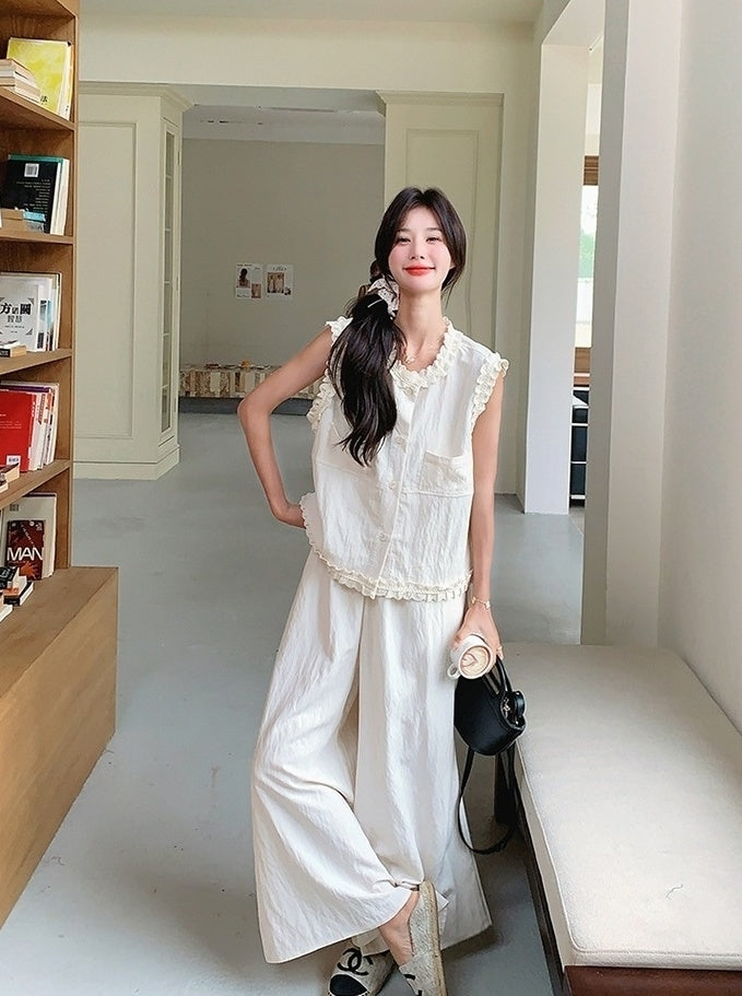 Lace Trim Vest And Wide Leg Pants Set