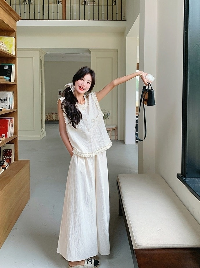 Lace Trim Vest And Wide Leg Pants Set