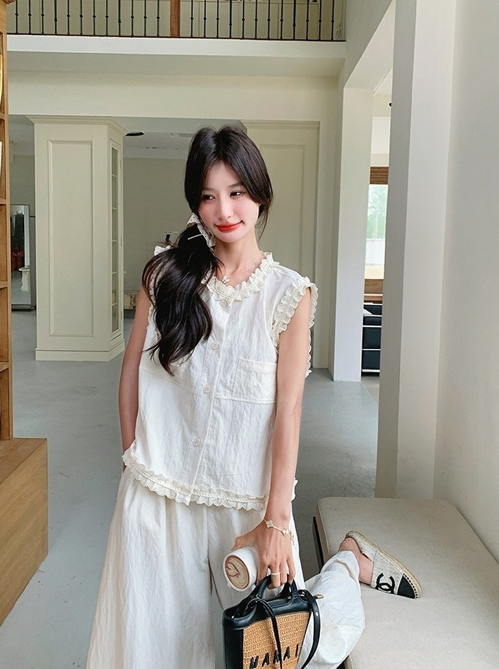 Lace Trim Vest And Wide Leg Pants Set