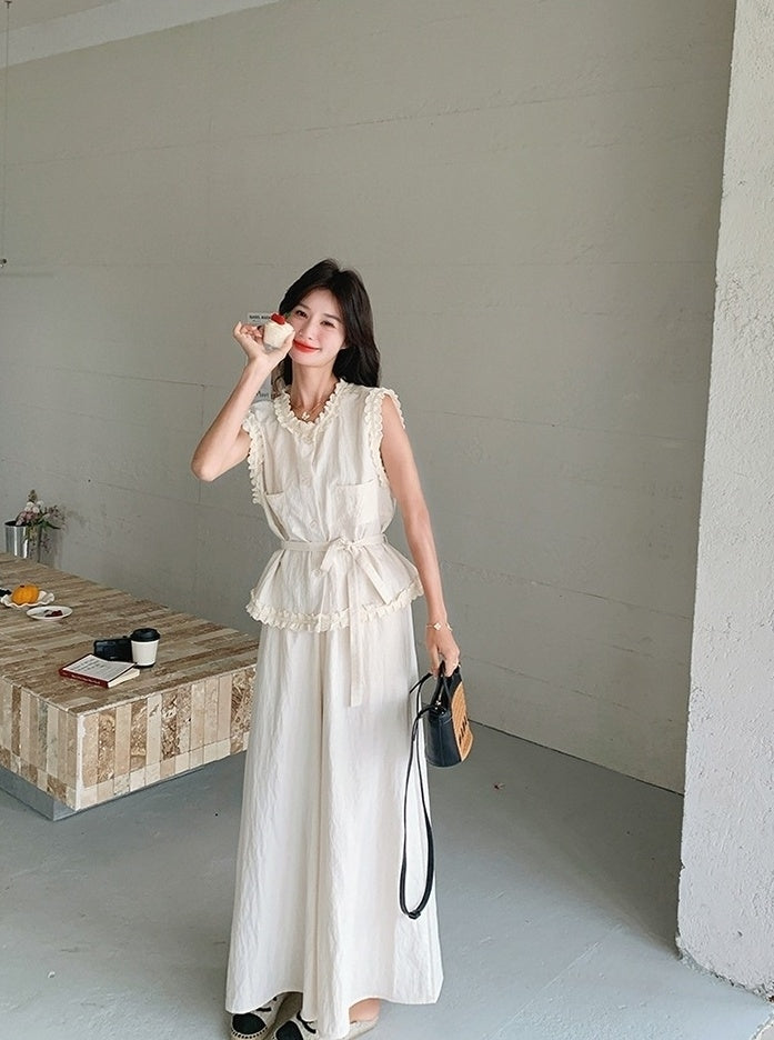 Lace Trim Vest And Wide Leg Pants Set