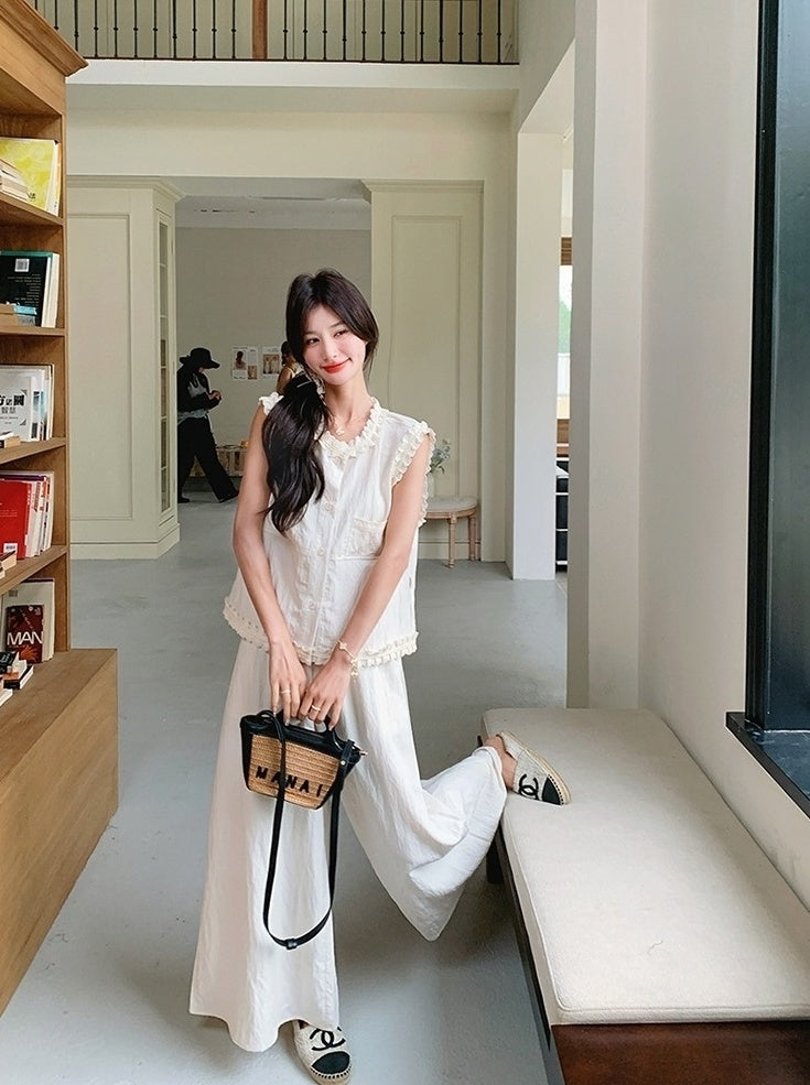 Lace Trim Vest And Wide Leg Pants Set