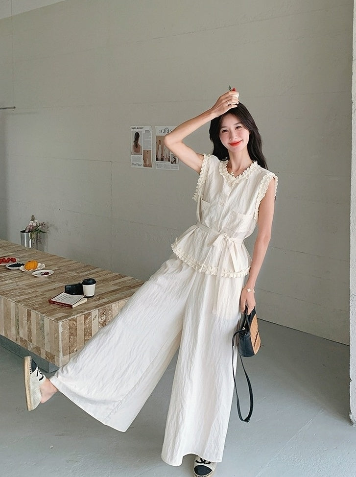 Lace Trim Vest And Wide Leg Pants Set