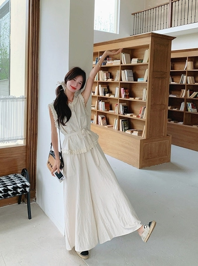 Lace Trim Vest And Wide Leg Pants Set