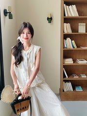 Lace Trim Vest And Wide Leg Pants Set