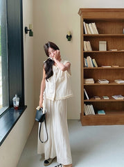 Lace Trim Vest And Wide Leg Pants Set