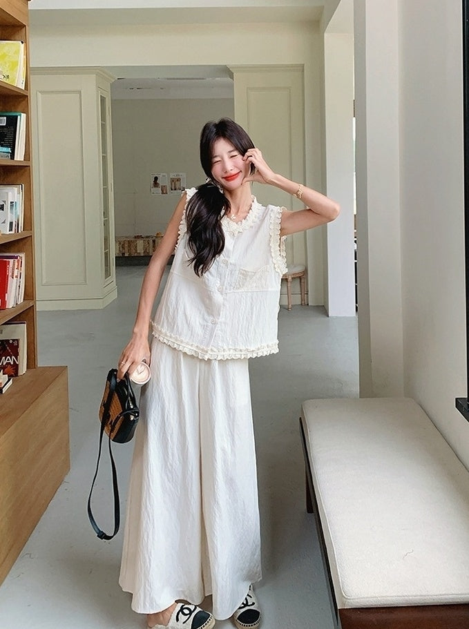 Lace Trim Vest And Wide Leg Pants Set