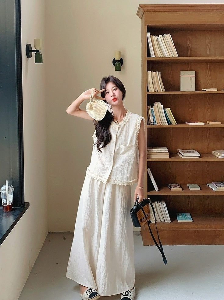 Lace Trim Vest And Wide Leg Pants Set