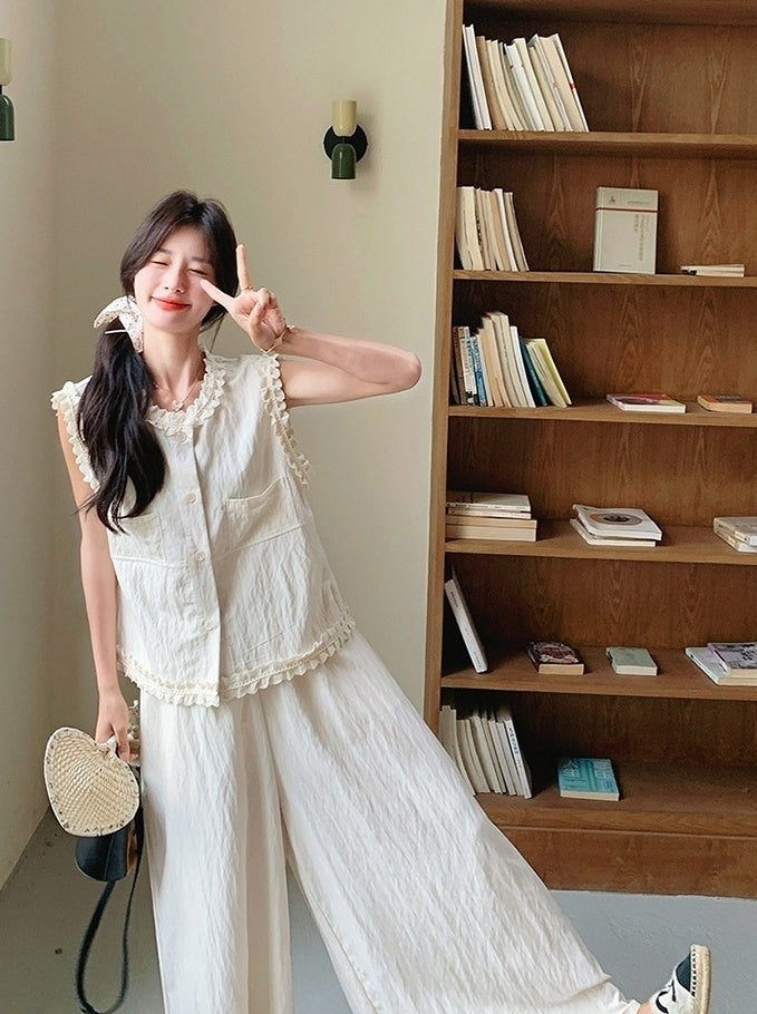 Lace Trim Vest And Wide Leg Pants Set