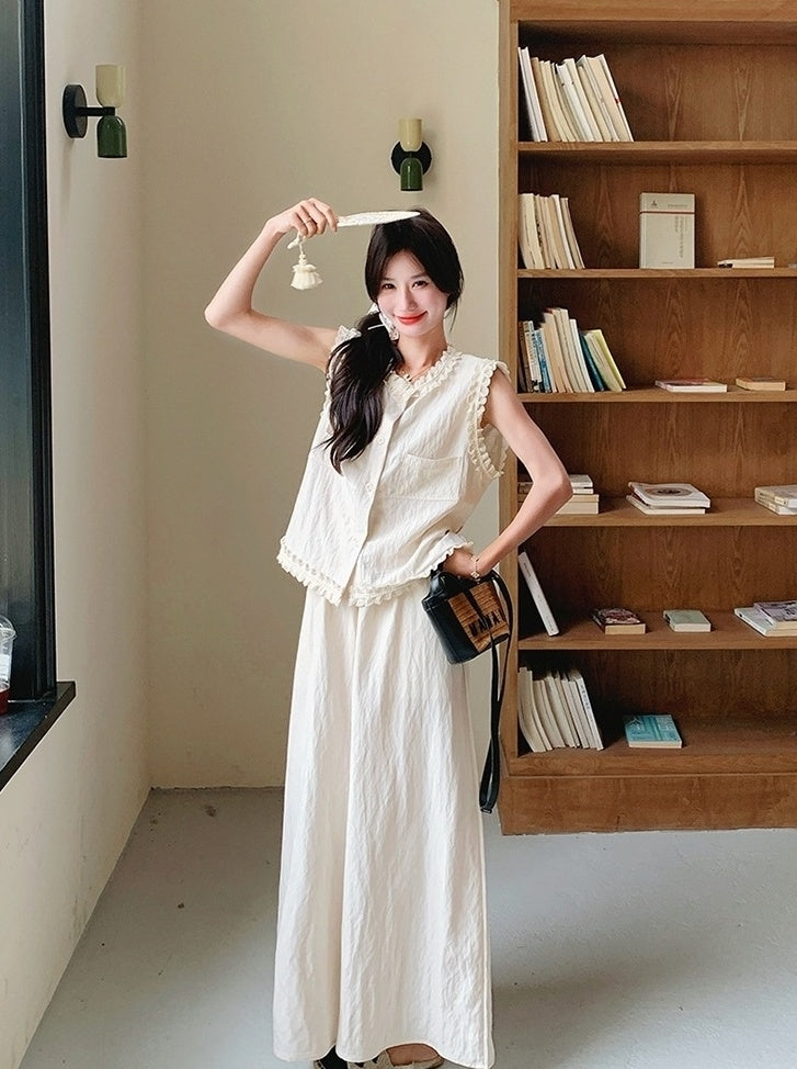 Lace Trim Vest And Wide Leg Pants Set